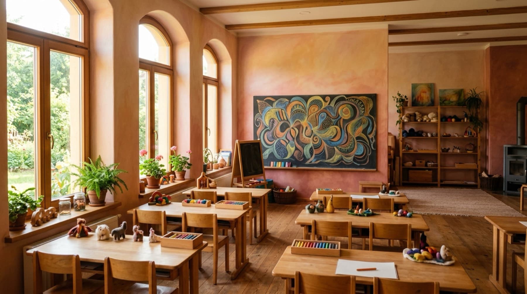 Blick in einen hellen Klassenraum einer Waldorfschule